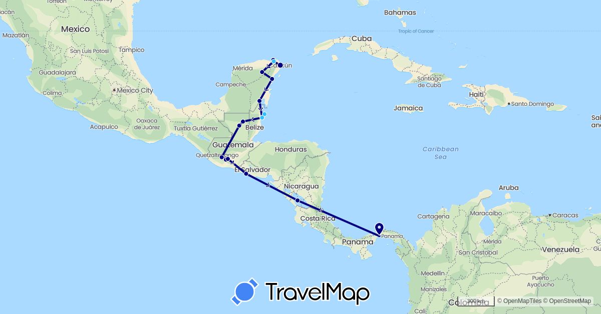 TravelMap itinerary: driving, boat in Belize, Guatemala, Mexico, Nicaragua, Panama, El Salvador (North America)